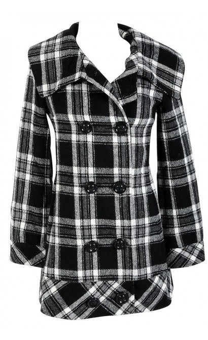 Mad About Plaid Black and Ivory Wool Blend Pea Coat